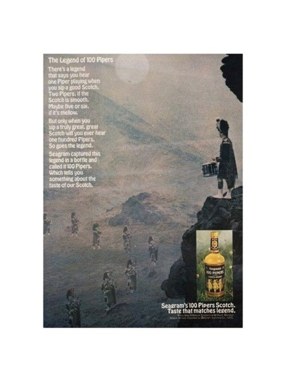1969 Seagram’s 100 Pipers Scotch Print Ad Highland Bagpipes Scene